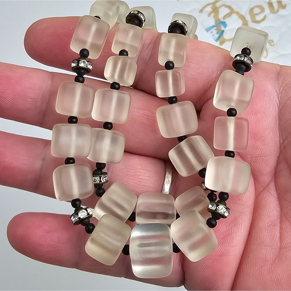 Art Deco Satin Frosted Cube Glass Graduated Beads Double Strand Necklace 26"